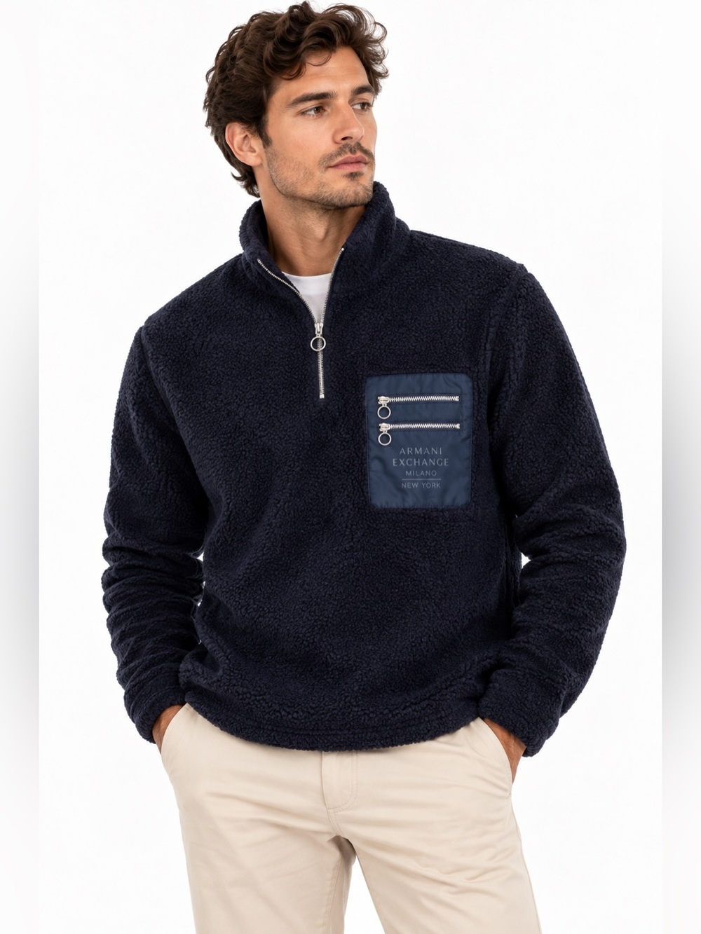 Armani Exchange Navy Sherpa Half Zip Pullover Quiet Luxury Minimalist